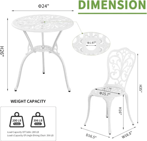 Miniatura 6 de Bistro - Juego de 3 piezas de aluminio fundido para exteriores con agujero para paraguas, juego de mesa y sillas de bistró para todo tipo de clima
