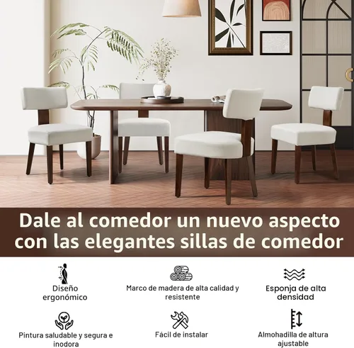 Miniatura 3 de Juego de 4 sillas de comedor, sillas de cocina de tela tapizada en madera, silla acolchada de lino sin brazos con respaldo curvo acentuado