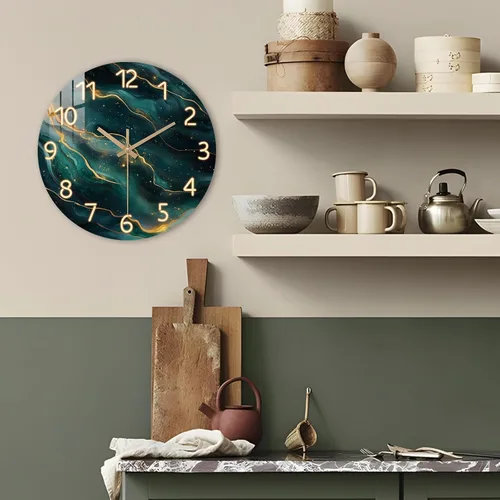 Miniatura 4 de Reloj de pared verde azulado para sala de estar de 12 pulgadas, reloj de pared de mármol a pilas, cuarzo redondo, dorado, silencioso, sin tictac