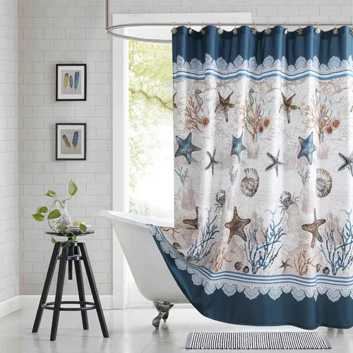 Miniatura 14 de Cortina de ducha náutica, cortina de ducha azul marino y blanca para cubículo de 54 x 72, cortinas de ducha de tela con estampado de ancla y velero