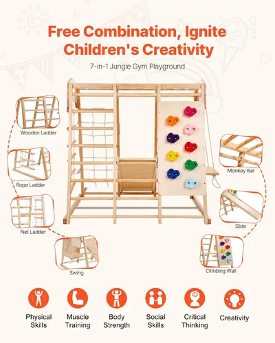 Miniatura 3 de VEVOR Gimnasio interior de la selva, parque infantil 7 en 1, 47.2 x 58 x 56 pulgadas, con escalera de madera y cuerda, escalera de red, columpio