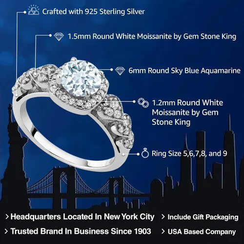 Miniatura 30 de Gem Stone King Anillo de compromiso de aniversario y piedra natal de corte redondo de 0.236 in para mujer, plata de ley 925, anillo de promesa