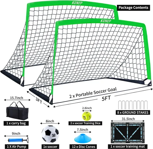 Miniatura 7 de 2 Set Kids Soccer Goals for Backyard with Training Equipment, Portable Foldable Practice Nets with Ball, Dice & Mat, Cones, Air Pump and Carry Bag