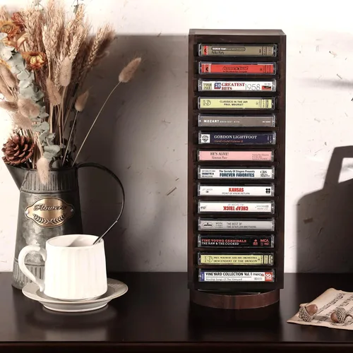 Miniatura 3 de FARM IN Almacenamiento de cinta de casete, diseño giratorio de 360 grados, torre de cassette estilo granja, doble cara de 28 ranuras, madera maciza