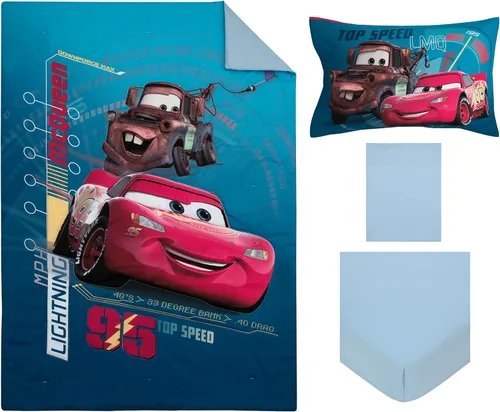 Miniatura 8 de Disney Cars Piston Cup Circuit - Juego de cama infantil de 4 piezas color azul, rojo y amarillo, Lightning McQueen y Mater, edredón, sábana bajera