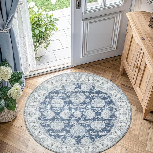 Miniatura 122 de Jinchan Fiora - Alfombra redonda de 8 pies, alfombras vintage con diseño floral envejecido, lavable a máquina, antideslizante, de pelo bajo, Azul