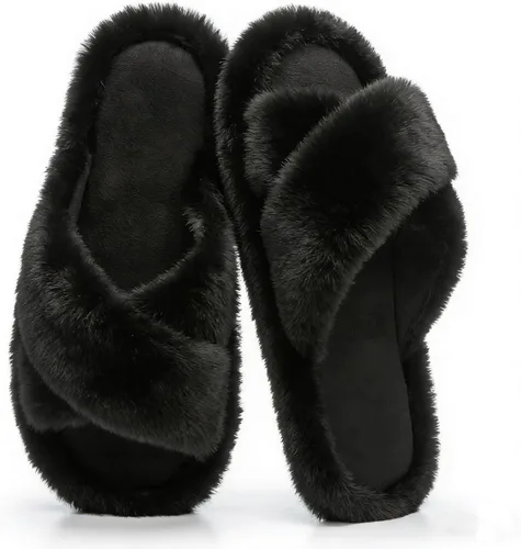 Miniatura 12 de Pantuflas mullidas para mujer, con banda cruzada, zapatos de casa para mujer, espuma viscoelástica, puntera abierta, silenciosas