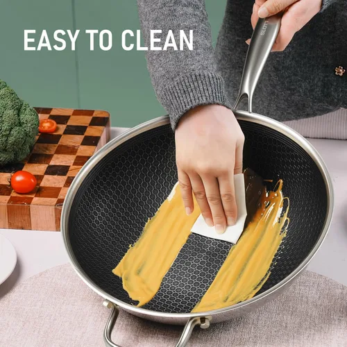 Miniatura 4 de SLOTTET Wok híbrido de 12 pulgadas con tapa, woks antiadherentes de acero inoxidable y sartenes para saltear, mango que se mantiene frío, utensilios