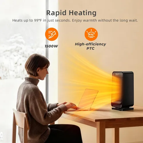 Miniatura 3 de ZAFRO Calentador de espacio oscilante de 70° de 1500 W para uso en interiores, calentadores portátiles con pantalla digital y termostato