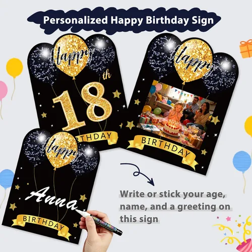 Miniatura 3 de Letrero de feliz cumpleaños con estacas, 18 piezas de letrero negro de feliz cumpleaños con luz LED de 49.2 pies, letrero grande personalizado