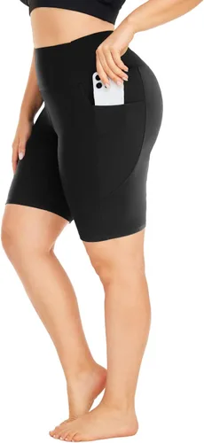 Miniatura 4 de MOREFEEL Pantalones cortos de ciclismo de talla grande de 8 pulgadas con bolsillos para mujer, cintura alta, control de abdomen, pantalones cortos