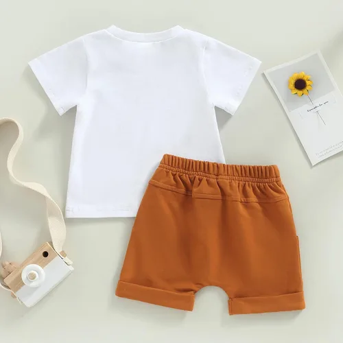 Miniatura 43 de Conjunto de traje de verano para bebé niño pequeño, manga corta, cuello redondo, letras impresas, lindo traje de verano, conjunto de 2 piezas