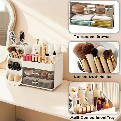Miniatura 6 de Organizador de maquillaje con soporte para brochas para tocador, espaciosa vitrina de cosméticos con 2 cajones, el organizador de tocador de baño