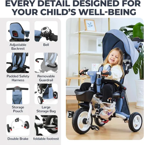 Miniatura 9 de JMMD Cochecito de triciclo 8 en 1 con asa de empuje, triciclo plegable con asiento giratorio de 360°, respaldo reclinable, ruedas todo terreno, Azul