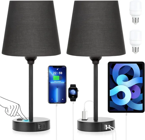 Miniatura 12 de Juego de 2 lámparas de noche blancas para dormitorio, pantalla plisada blanca con puertos de carga USB, lámparas táctiles para mesita de noche