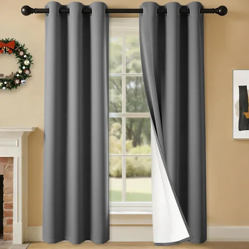 Miniatura 17 de 2 paneles de cortinas 100% opacas, cortinas ligeras con aislamiento térmico con ojales para dormitorio, sala de estar, tratamiento de ventana