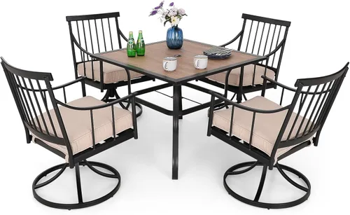 Miniatura 11 de MFSTUDIO Juego de comedor de 5 piezas de metal para patio, juego de muebles para exteriores con 1 mesa cuadrada de madera y 6 sillas de respaldo
