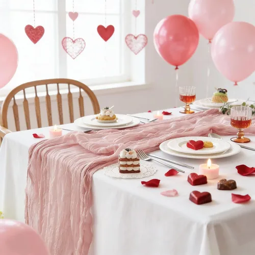 Miniatura 3 de Camino de mesa de estopilla rosa polvoriento CoFashion 17x108 pulgadas para 1 paquete, decoración para el día de Galentines, camino de mesa de queso
