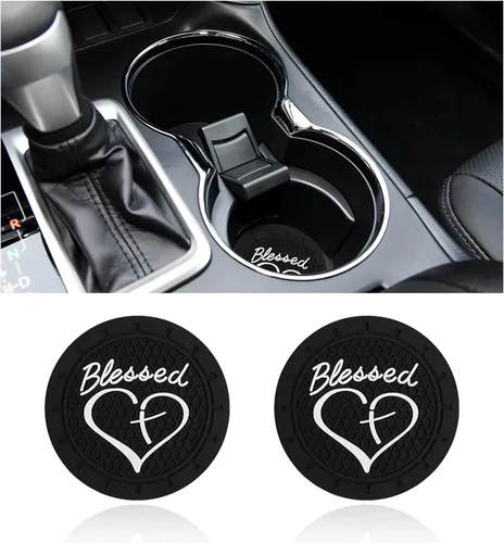 Dickno 2 piezas posavasos para portavasos de automóvil, 2.76 pulgadas, diseño de cruz bendita y corazón, tapete de bebida cristiana de PVC suave,