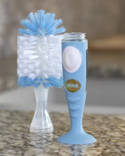 Miniatura 2 de Nuby Cepillo para botella de cerdas suaves y duraderas con asas texturizadas y base de succión, sistema 2 en 1, color azul