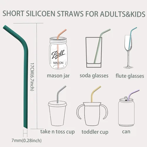 Miniatura 5 de Popotes reutilizables delgados y cortos de 6.7" de silicona flexibles y lindos para niños, bebés y niños pequeños, para vasos de vino/Yeti de 6, 10
