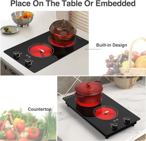 Miniatura 5 de VBGK Placa de cocción eléctrica, 110V 2400W superficie de cocina eléctrica con control de perilla, 9 niveles de potencia, bloqueo para niños