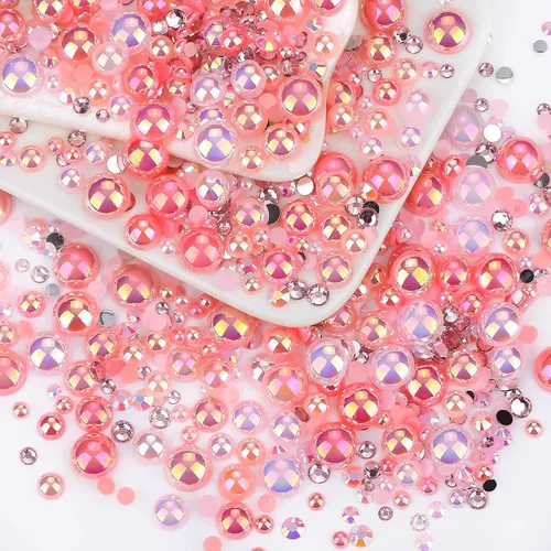 Miniatura 44 de 60g de Perlas Acuamarina Dorada con Diamantes de Imitación para Manualidades Tamaño Mixto 3mm-10mm Color AB Redondas Perlas Medias Planas Conjunto