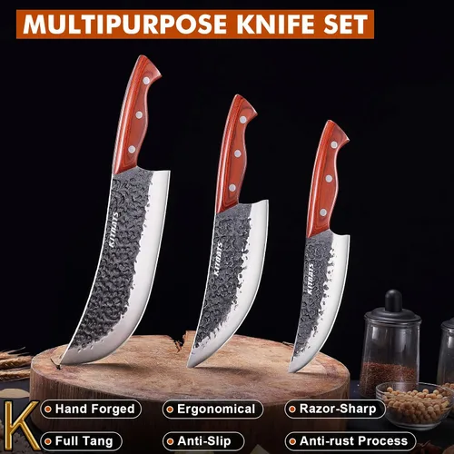 Miniatura 4 de Juego de cuchillos de carnicero profesional, cuchilla de carne pesada forjada a mano, cuchillo de chef serbio, cuchillo de deshuesado vikingo, juego
