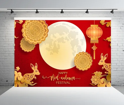 BELECO Telón de fondo de tela de 5 x 3 pies para festival de mediados de otoño, día de mediados de otoño, escena de luna llena, linternas rojas,