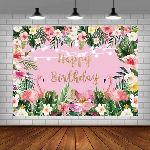 Miniatura 5 de Telón de fondo de cumpleaños de flamenco rosa de 8 x 6 pies, para verano, tropical, flor de palmera hawaiana, telón de fondo para fotos, temática