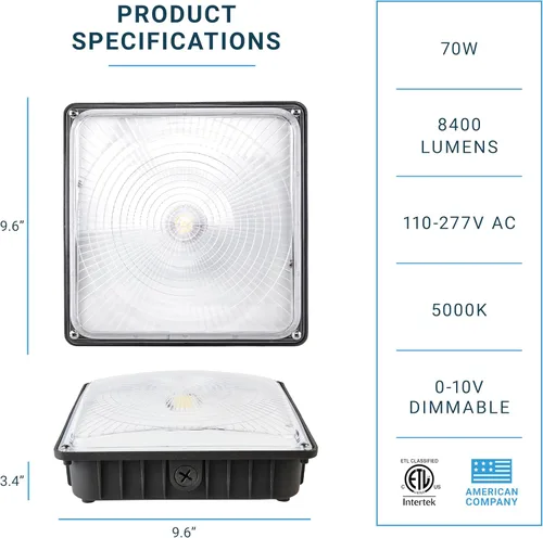 Miniatura 2 de PARMIDA - Luz LED para toldo, 70 W, regulable, 110-277 VAC, IP65 impermeable, certificación ETL, 5000K, 9.6 x 9.6 pulgadas, gasolinera, iluminación