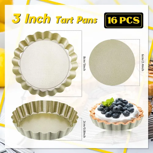 Miniatura 2 de Tessco for you 16 moldes para tartas para hornear, moldes para quiche de 4 pulgadas con parte inferior extraíble, moldes antiadherentes