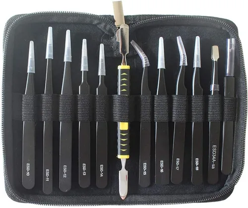 Miniatura 3 de Juego de pinzas de precisión, 12 piezas antiestáticas de acero inoxidable ESD para reparación de electrónica, soldadura, manualidades, joyería