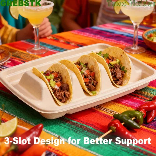 Miniatura 4 de GREBSTK Paquete de 30 soportes desechables para tacos, platos de taco de pulpa de bagazo compostables con 3 divisores para fiesta de tacos, juego