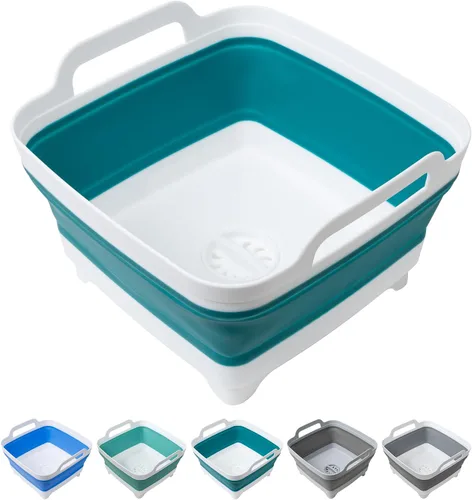 Miniatura 10 de Tiawudi Barreño para lavar platos, lavabo de 2.4 galones/9L con asas de transporte de tapón de drenaje, cubo plegable para limpieza, fregadero