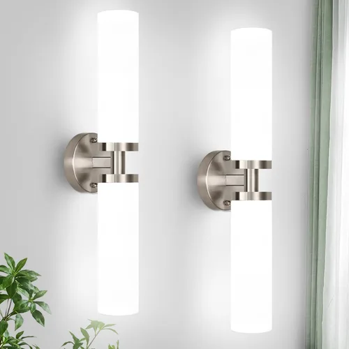 Miniatura 15 de Juego de 2 apliques de pared, apliques de baño de níquel cepillado cableados con vidrio transparente, apliques modernos para decoración de pared