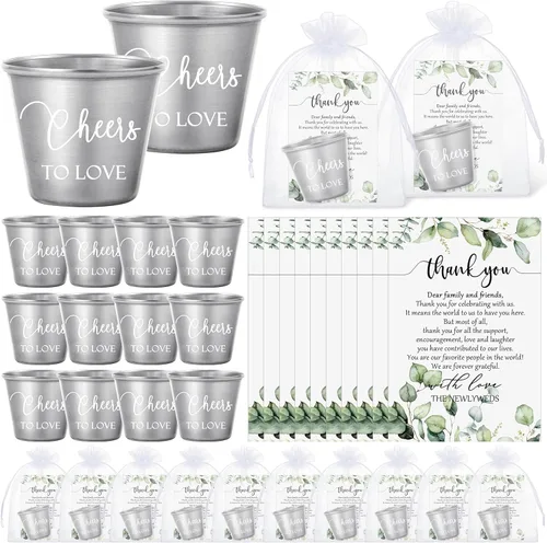 Uiifan Juego de 25 regalos de boda para invitados, vasos de chupito a granel, de acero inoxidable con tarjetas de agradecimiento, bolsas de organza
