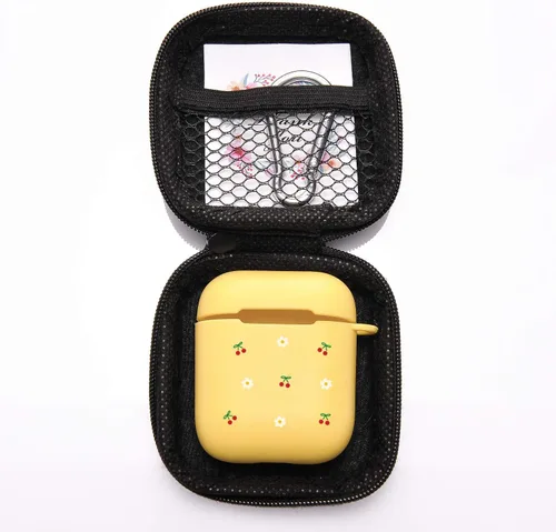 Miniatura 5 de Funda amarilla para AirPod 1 y 2 con llavero de mosquetón de anillo, bonita funda de cereza inalámbrica para auriculares inalámbricos, funda