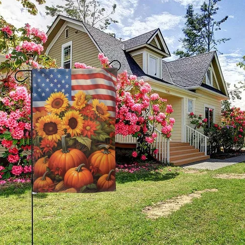 Miniatura 9 de Bandera de Estados Unidos, calabazas y girasoles, bandera de jardín, otoño, vacaciones, bienvenida, patio, granja, exteriores, banderas decorativas