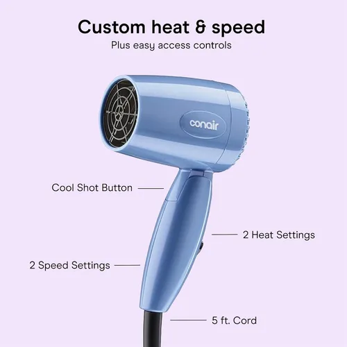 Miniatura 4 de Conair Secadora plegable, secadora plegable, azul, paquete de de 1, Azul Secador compacto de viaje de 1600 W con mango plegable y doble voltaje
