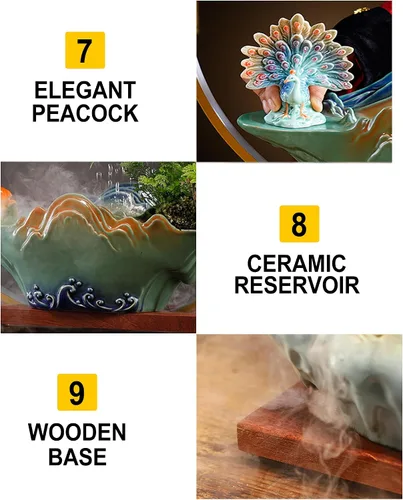 Miniatura 7 de Fuente interior de mesa con grúa, fuente de cascada, quemador de incienso, decoración de Feng Shui para buena suerte, fuente de cerámica con luz