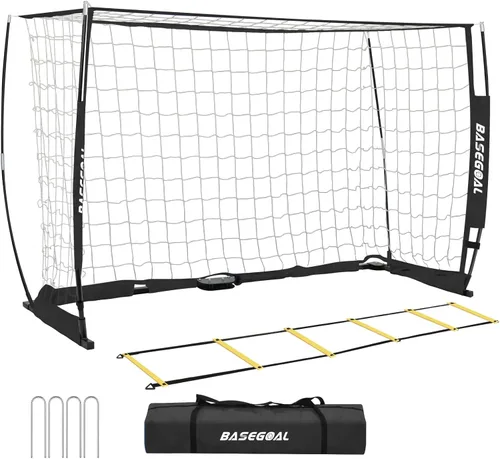 BaseGoal Portería de Fútbol, Red de Fútbol, Porterías de Fútbol para Patio Trasero, con Marco de Lazo, Base Metálica Plegable y Escalera de Agilidad