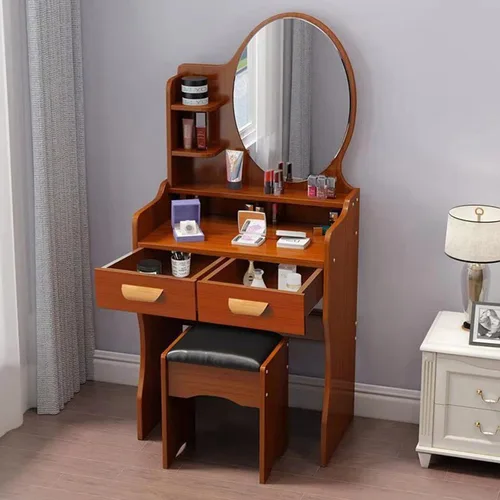 Miniatura 25 de QQXX Juego de tocador grande con espejo, tocador de maquillaje con estantes de almacenamiento y 4 cajones, taburete acolchado para dormitorio