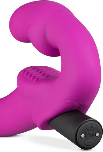 Miniatura 8 de Blush Temptasia Estella - Consolador vibrador curvado de silicona de 9.5 pulgadas, doble extremo sin tirantes, recargable, impermeable, profundo Rosa