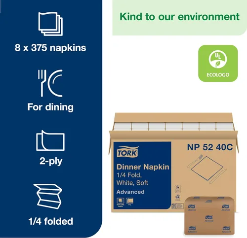 Miniatura 2 de Tork Advanced NP5240C Servilletas suaves, plegadas en 1/4, diseño de hojas en relieve, 2 capas, 15 pulgadas de ancho x 16.25 pulgadas, color blanco