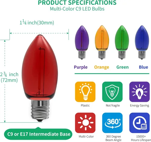 Miniatura 2 de Meconard Bombilla LED C9 de Repuesto para Luces Navideñas, Bombillas LED Irrompibles C9 para Cadenas de Luces Navideñas Exteriores, Base Intermedia