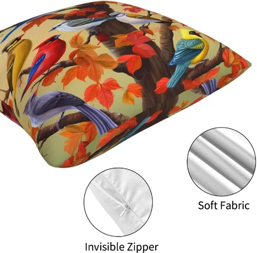 Miniatura 7 de Ouqiuwa Juego de 4 fundas de almohada coloridas con diseño de pájaros de 12 x 12 pulgadas, cuadradas, decorativas, con hojas de arce otoñales