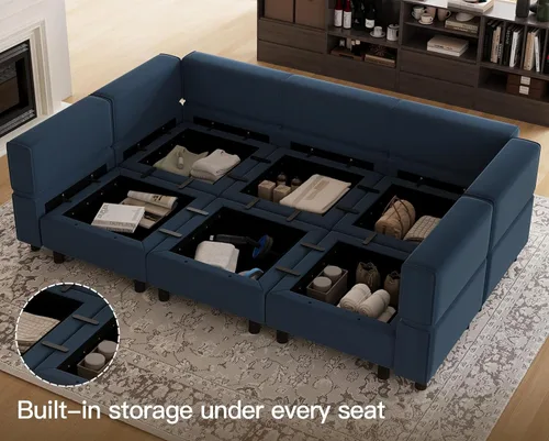 Miniatura 3 de Belffin - Sofá cama modular con otomanas, de terciopelo, reversible y con asiento con almacenamiento, color azul
