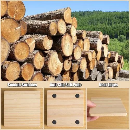Miniatura 3 de 12 posavasos cuadrados de madera sin terminar, 4 pulgadas, posavasos de madera en blanco para manualidades con puntos de silicona antideslizantes