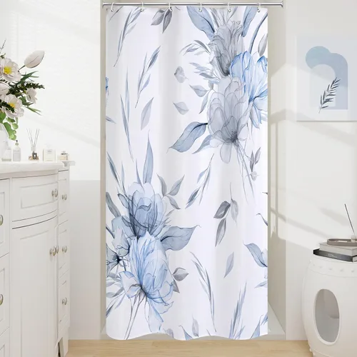 Miniatura 21 de Litabel Cortina de ducha bohemia con estampado floral de acuarela azul y gris, estilo de pintura de tinta, cortinas de ducha de flores y hojas